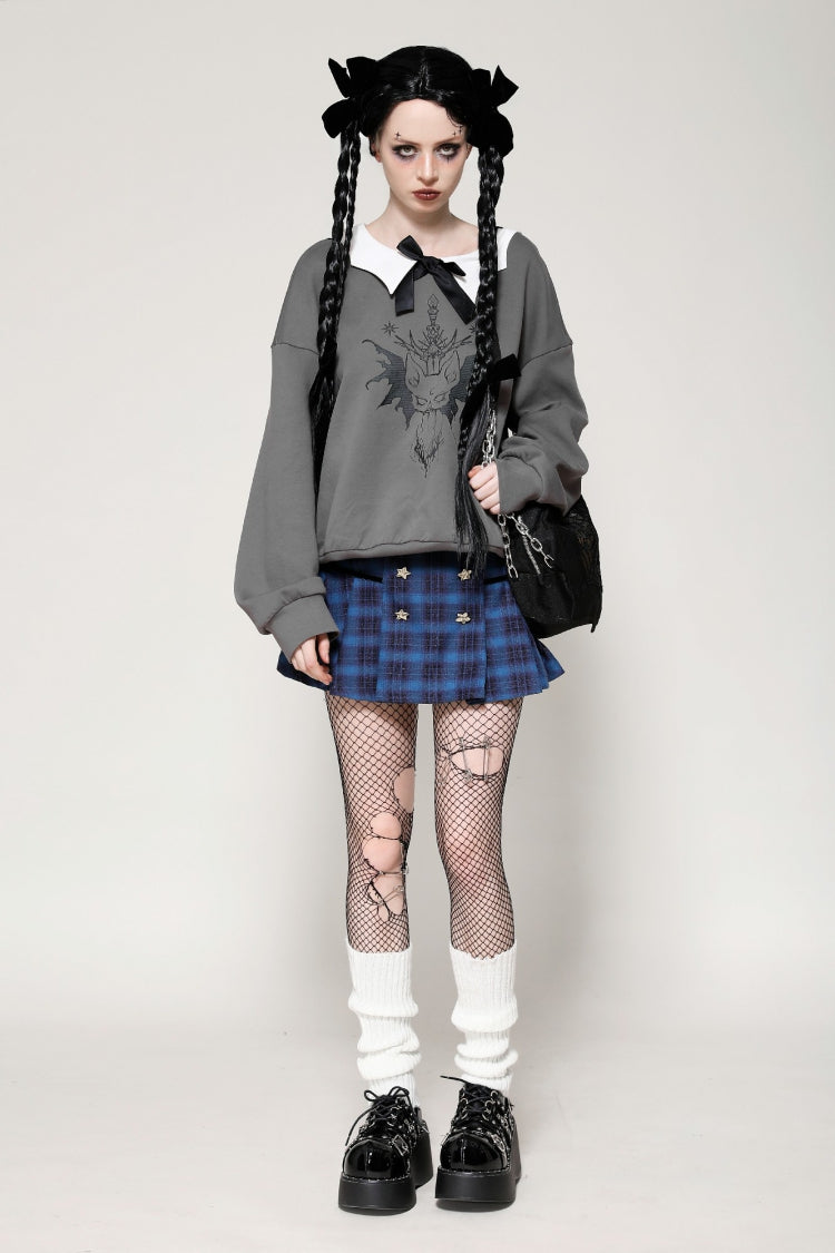 Grey Bowknot Peter Pan Collar Long Sleeves Bat Women's College Style Sweatshirt - Product - 11