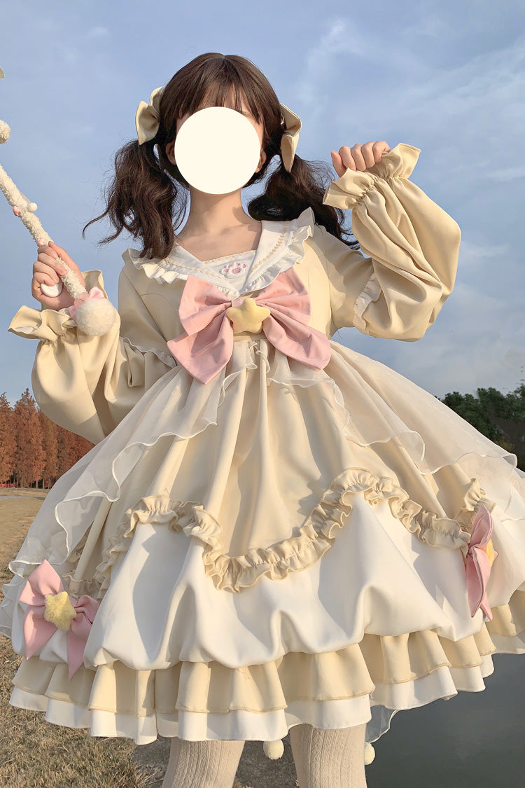 [Pray Star] Long Sleeves Double-Layered Ruffle Bowknot Stitching Lace Sweet Lolita Dress 5 Colors - Product - 9