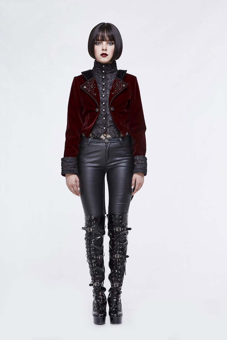 Red/Black Jacquard Lapel Embroidered Metal Nail Velveteen Swallowtail Women's Gothic Coat - Product - 2