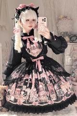 Black [The Case of the Missing Lamb] Print Ruffle Bowknot Lace Gothic Lolita SK Skirt - Black - 1