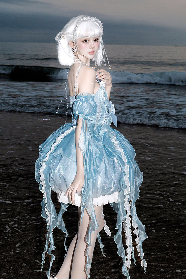 Blue [Dreamy Jellyfish] Square Collar Sleeveless Printed Ruffled Lace Sweet Lolita Jsk Dress Set - Product - 2