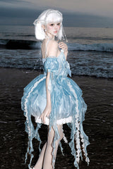 Blue [Dreamy Jellyfish] Square Collar Sleeveless Printed Ruffled Lace Sweet Lolita Jsk Dress Set - Product - 2