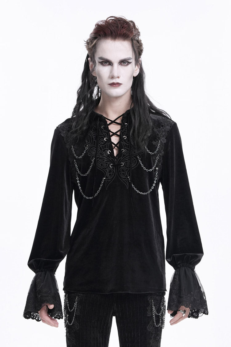 Black V Collar Long Sleeves Lace-Up Chain Men's Gothic Blouse - Black - 1