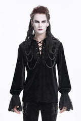 Black V Collar Long Sleeves Lace-Up Chain Men's Gothic Blouse - Black - 1