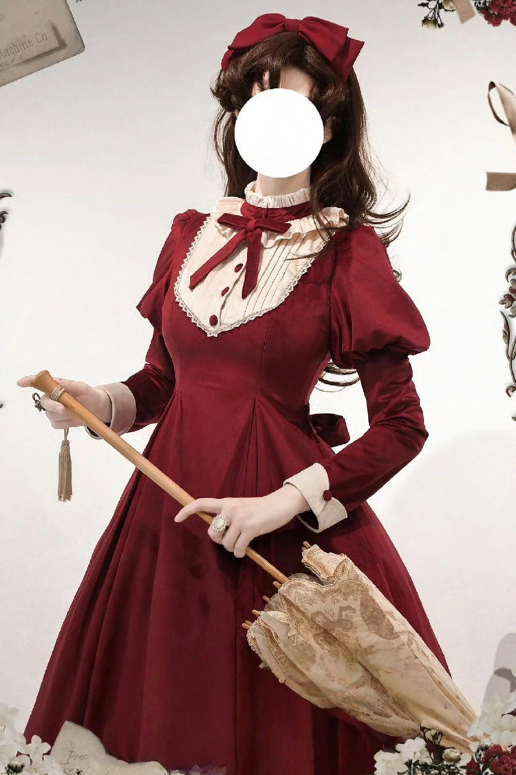 Wine Red [New Year] Stand Collar Long Sleeves Ruffled Bow Classic Lolita Dress - Product - 7