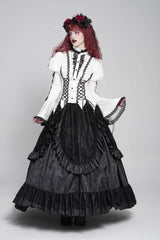 White Stand Collar Long Puff Sleeves Floral Jacquard Lace-Up Women's Gothic Blouse - Product - 7