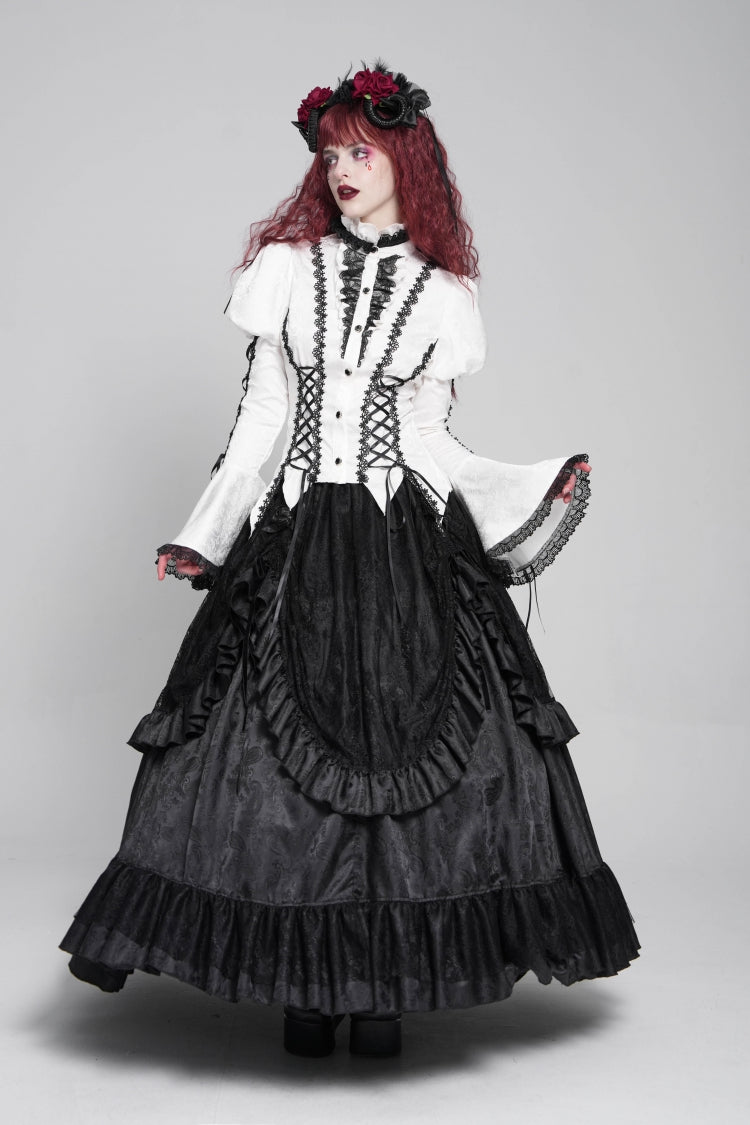 White Stand Collar Long Puff Sleeves Floral Jacquard Lace-Up Women's Gothic Blouse - Product - 7