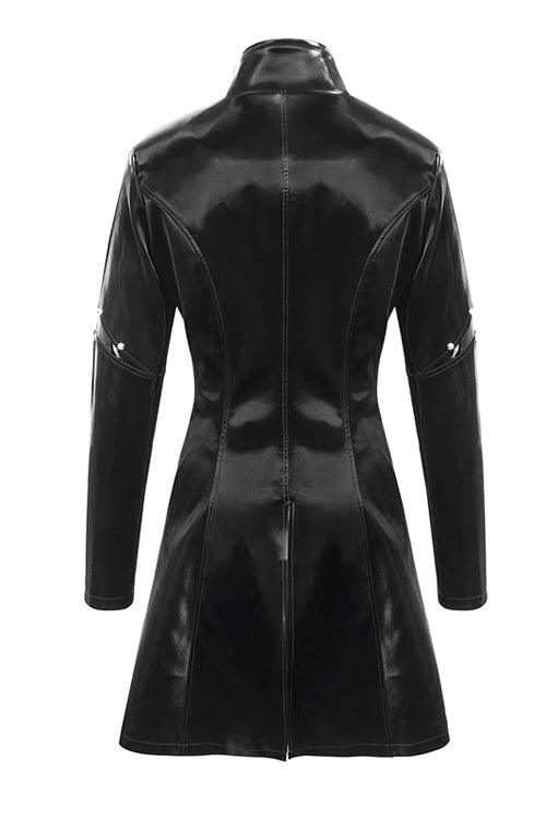 Black Rivet Bright Leather Zipper Long Womens Punk Coat - Product - 6