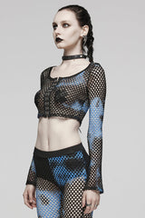 Long Sleeves Hollow Stitching Tie-dyed Womens Steampunk Short T-Shirt 3 Colors - Product - 10