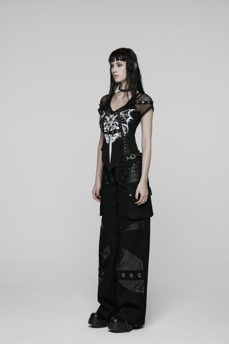 Black Lace Lace-Up Buckled Women's Big Pocket Punk Pants - Product - 2
