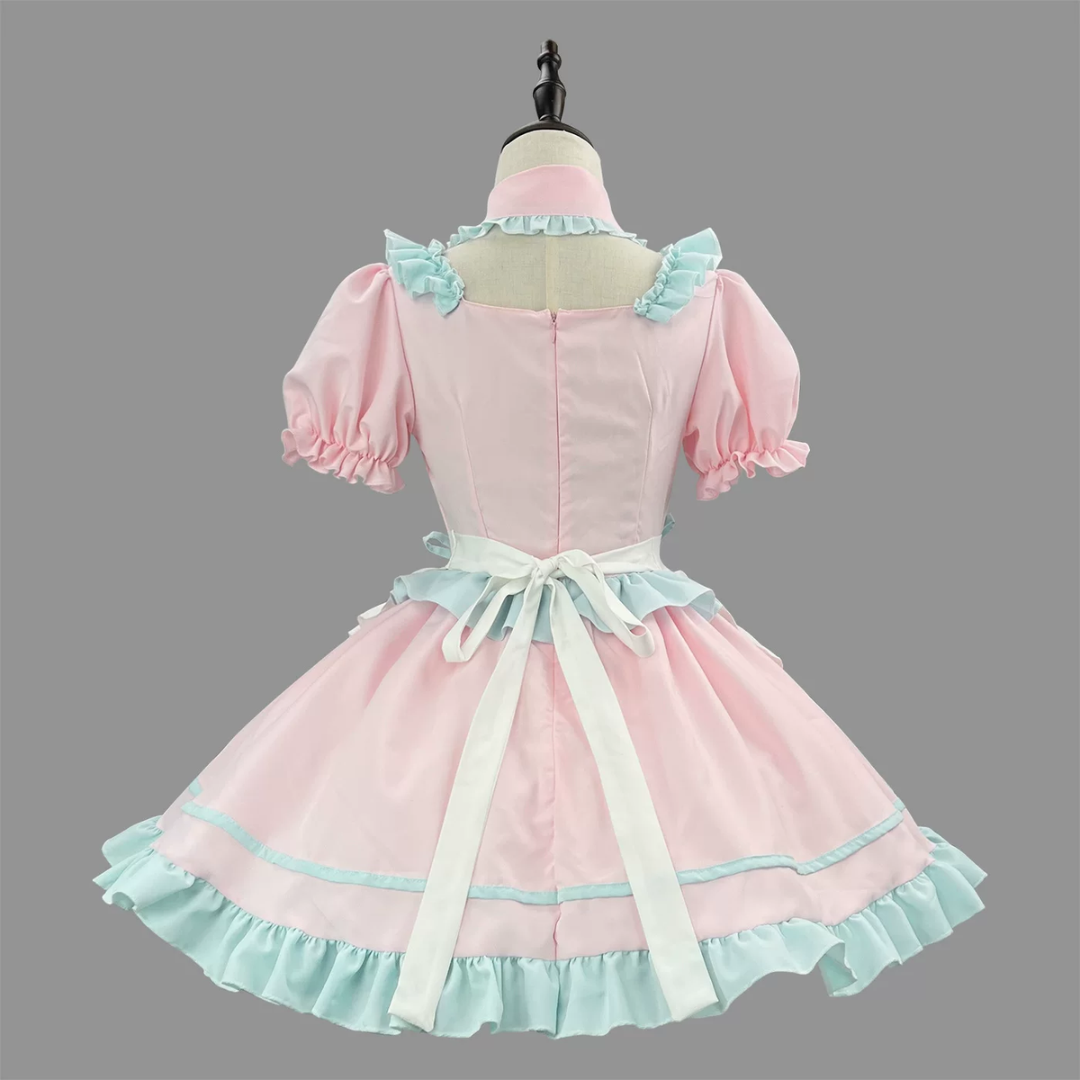 Pink and Mint Green Ruffled Maid Lolita Dress with Apron Bow Accent - view 3