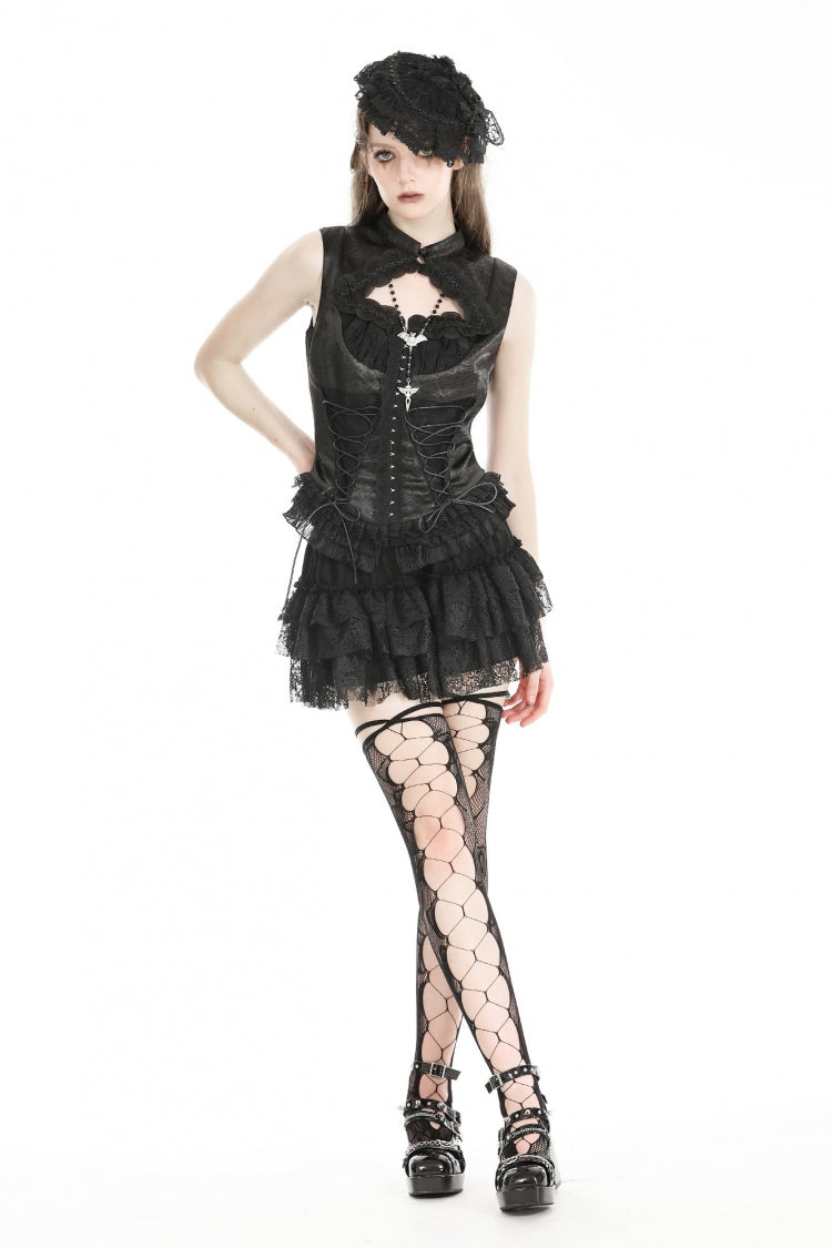 Black Sleeveless Cut-Out Lace Trim Side Lace-Up Women's Gothic Sexy Corset Top - Product - 6