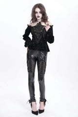 Black Chain Faux Leather Stitching Lace Women's Gothic Pants - Product - 9