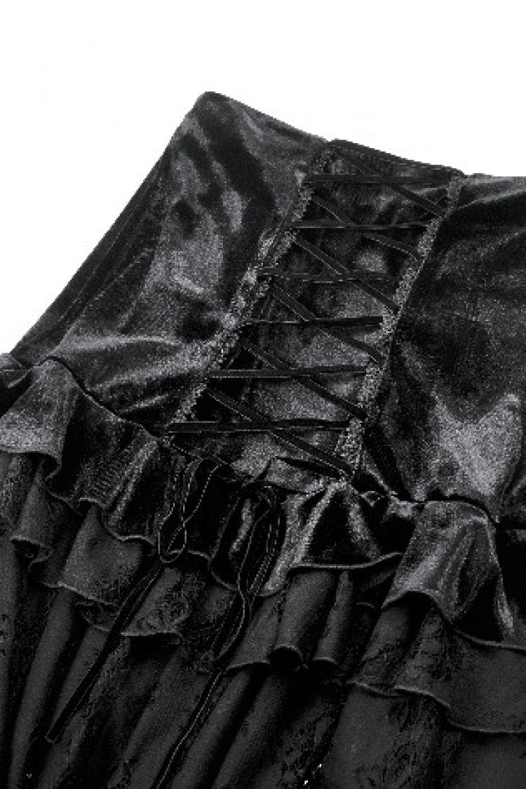Black Multi-Layered Ruffled Velvet Spliced Lace Lace-Up Women's Gothic Long Skirt - Product - 18