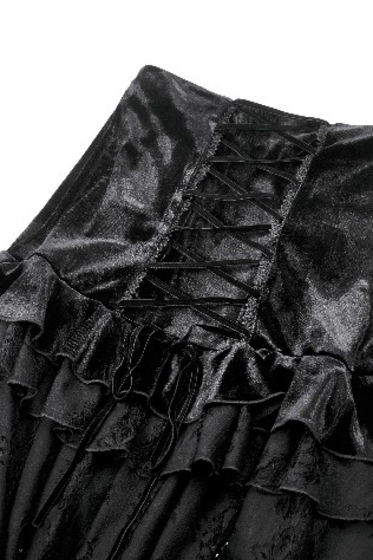 Black Multi-Layered Ruffled Velvet Spliced Lace Lace-Up Women's Gothic Long Skirt - Product - 18