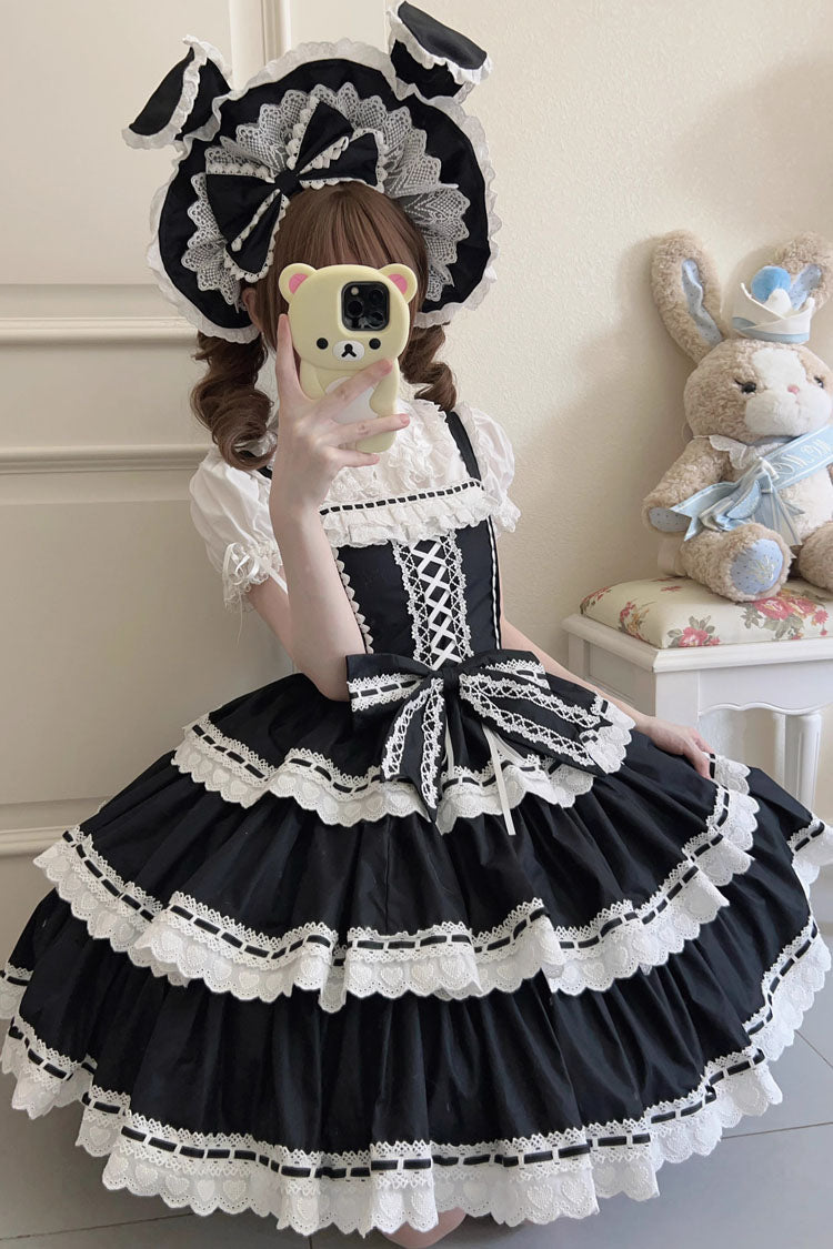 Black [Maiden Heart] Triple-Layered Ruffle Bowknot Lace Sweet Lolita Jsk Dress - Product - 4