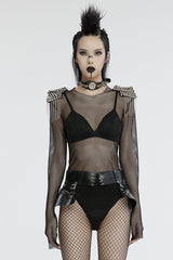 Black Long Sleeves Mesh Studded Tassel Women's Punk Bodysuit - Black - 1