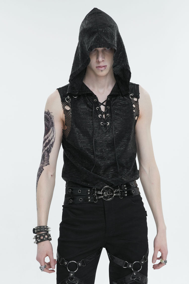 Black Strappy Mesh Splice Men's Punk Vest With Hood - Product - 2