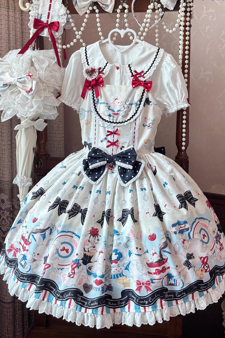 Beige [Mystery Rabbit Tea Party] Sleeveless Print Ruffle Bowknot Lace Sweet Lolita Jsk Dress - Product - 8