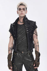 Black Stand Collar Sleeveless Zippered Chain-Decorated Men's Punk Cool Unedged Vest - Product - 11