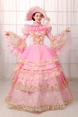 Pink Trumpet Sleeves High Waisted Hollow Embroidery Print Multi-Layer Victorian Lolita Prom Dress - Product - 2