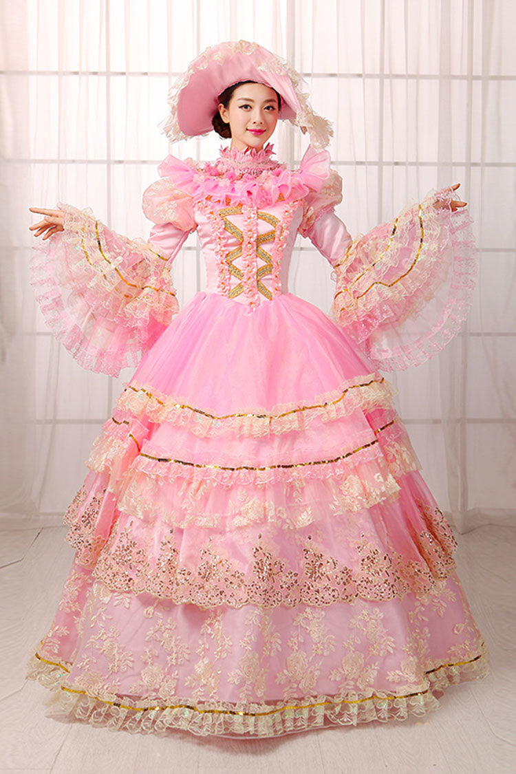 Pink Trumpet Sleeves High Waisted Hollow Embroidery Print Multi-Layer Victorian Lolita Prom Dress - Product - 2