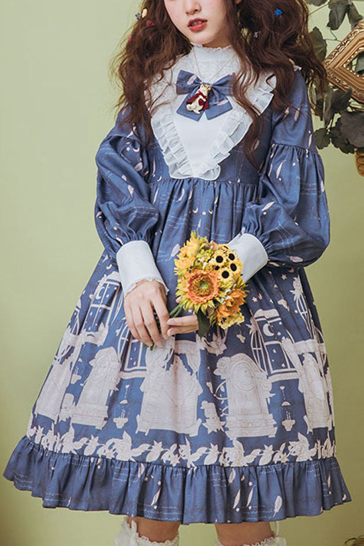 Dark Blue Classical Alarm Clock Print Long Sleeve Bowknot Sweet Lolita Op Dress - blue - 1