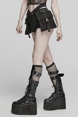 Black Pocket Rivet Buckle Women's Punk Shorts - Product - 2