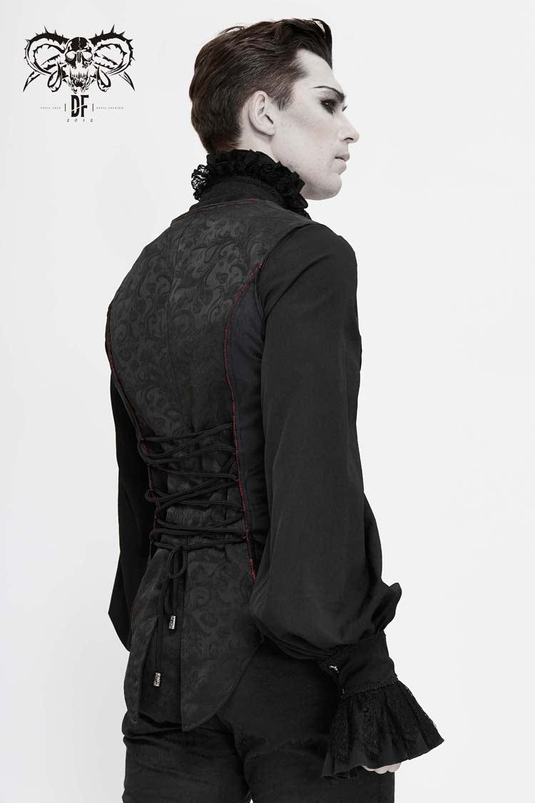 Black Dark Jacquard Chest Plate Buttons Back Lace Up Men's Gothic Waistcoat - Product - 3