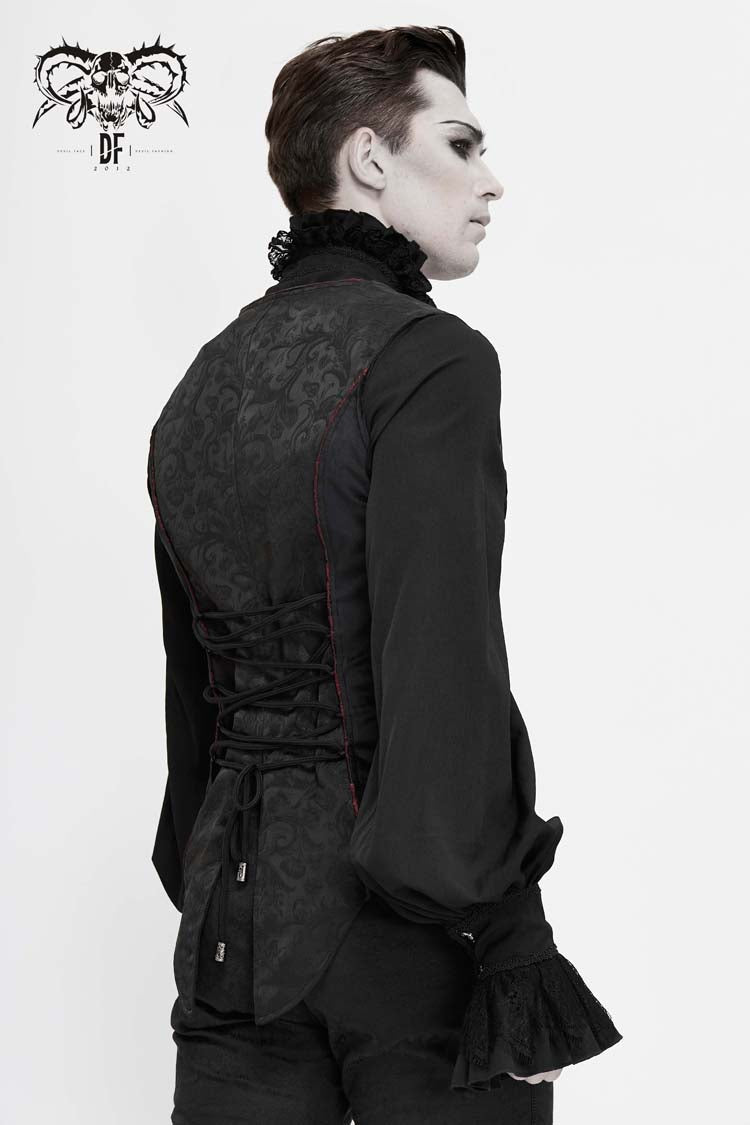 Black Dark Jacquard Chest Plate Buttons Back Lace Up Men's Gothic Waistcoat - Product - 3
