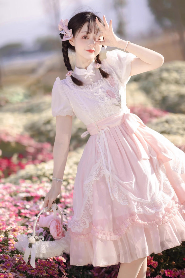Pink Round Collar Short Sleeves Lace Ruffle Bowknot Sweet Princess Lolita Dress - Product - 7