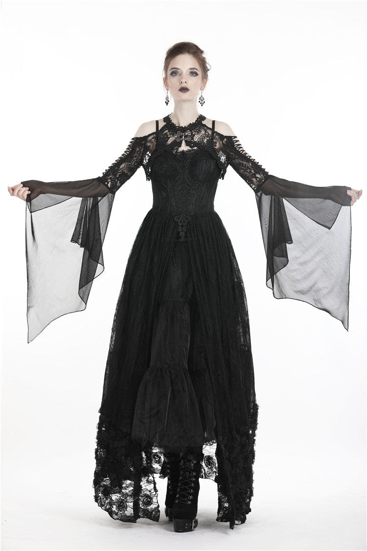 Black Off Shoulder Sheer Lace Long Trumpet Chiffon Sleeves Cut-Out Women's Gothic Capelet - Product - 13