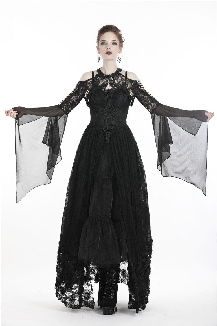 Black Off Shoulder Sheer Lace Long Trumpet Chiffon Sleeves Cut-Out Women's Gothic Capelet - Product - 13