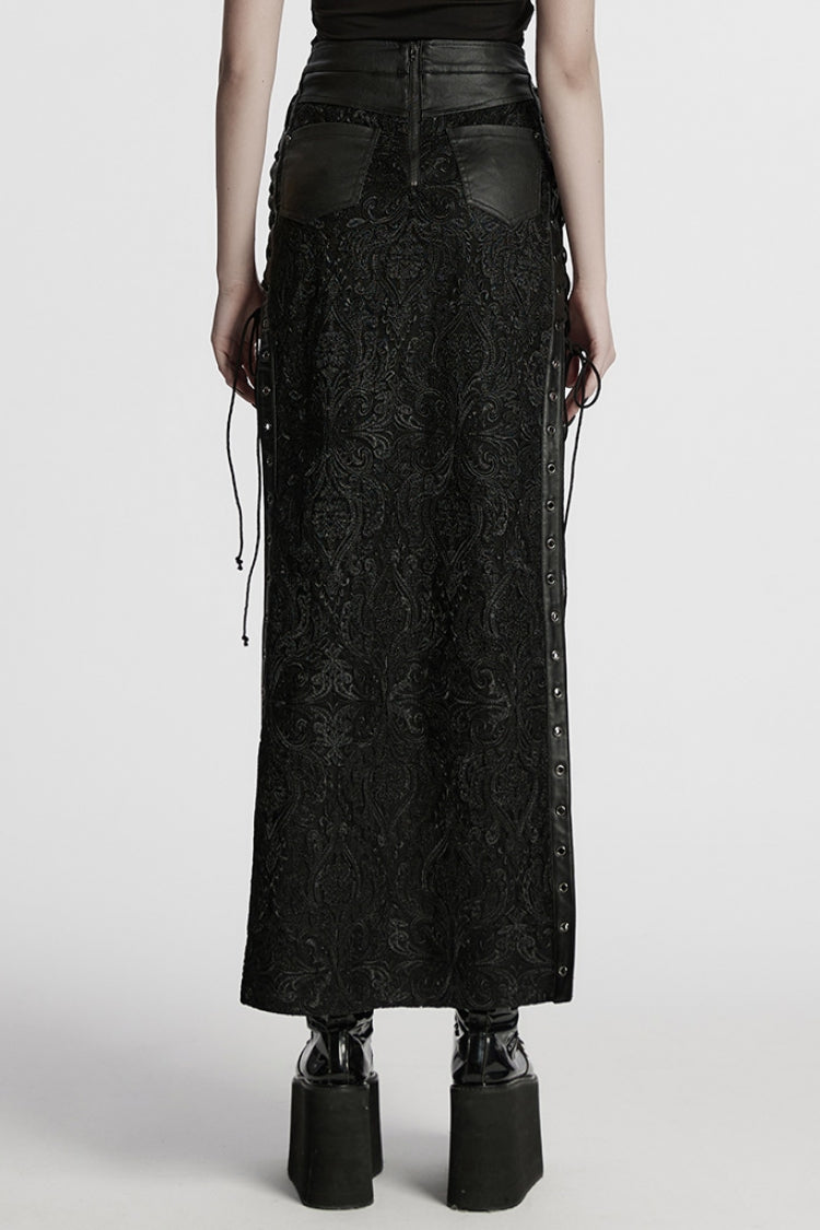 Black Studded Embossed Embroidery Lace-Up Women's Gothic Skirt - Product - 3
