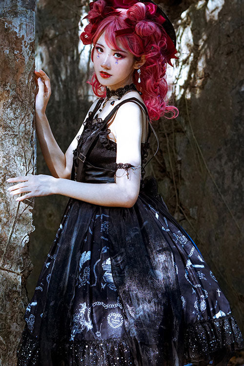 Dark Blue Vampire Diaries Theme Bowknot Ruffled Gothic Lolita JSK Dress Full Set - Product - 3