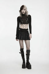 Black Patchwork Studded Pleated Women's Punk Preppy Style Skirt - Product - 6