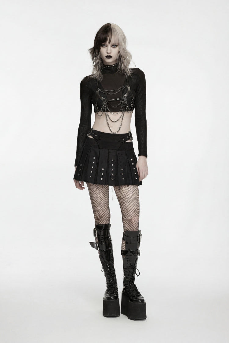 Black Patchwork Studded Pleated Women's Punk Preppy Style Skirt - Product - 6