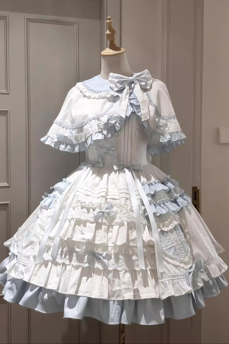 White/Blue [Window Dolls] Multi-Layered Ruffle Love Bowknot Sweet Princess Lolita Jsk Dress with Cape - White/Blue - 1