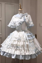 White/Blue [Window Dolls] Multi-Layered Ruffle Love Bowknot Sweet Princess Lolita Jsk Dress with Cape - White/Blue - 1