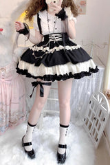 Strappy Doll Collar Ruffle Sweet Lolita Tiered Skirt 7 Colors - Black/White - 1