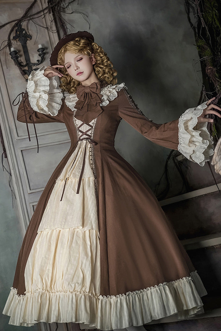 Brown/Beige [Nutcracker] Stand Collar Long Trumpet Sleeves Ruffle Cardigan Bowknot Lace-Up Sweet Lolita Dress Set 2 Versions - Product - 18