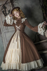 Brown/Beige [Nutcracker] Stand Collar Long Trumpet Sleeves Ruffle Cardigan Bowknot Lace-Up Sweet Lolita Dress Set 2 Versions - Product - 18