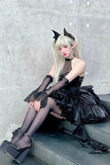 Pure Black Little Devil Sexy Princess Slim Gothic Lolita Strapless Tiered Dress - Product - 7