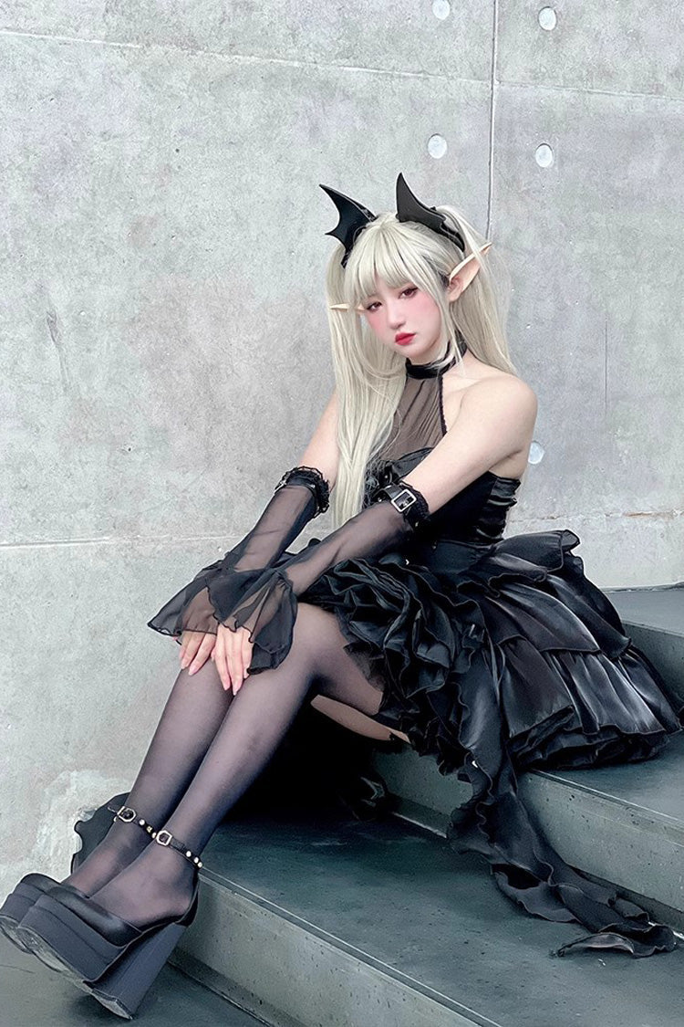 Pure Black Little Devil Sexy Princess Slim Gothic Lolita Strapless Tiered Dress - Product - 7