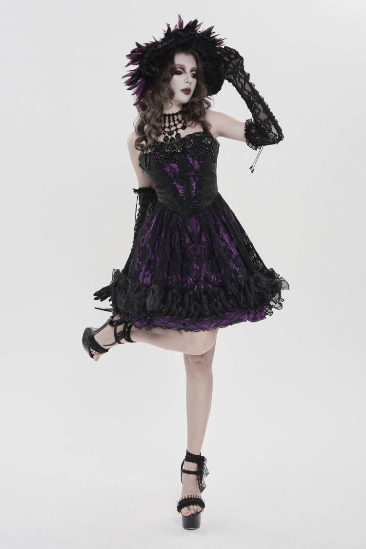 Black/Purple Off Shoulder Double-Layered Printed Cut-Out Lace Lace-Up Women's Gothic Jsk Dress - Product - 6
