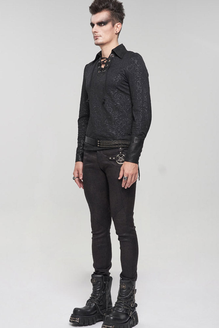 Black Gothic Pattern Decoration Tie Rope Design Knitted Elasticity Pullover Men's Shirt - Product - 9