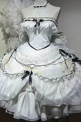 White [Cascade Poem] Sleeveless Multi-Layered Ruffle Hanayome Bowknot Lace Gothic Plus Size Gorgeous Lolita Jsk Short Dress - Product - 5