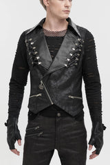 Black Lapel Fitted Atomized Crack Front Chest Crossover Rope Men's Punk Vest - Black - 1