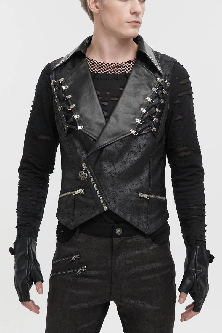 Black Lapel Fitted Atomized Crack Front Chest Crossover Rope Men's Punk Vest - Black - 1