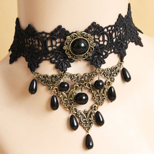 Black Retro Palace Style Lace And Pearl Sweet Necklace - Black - 1